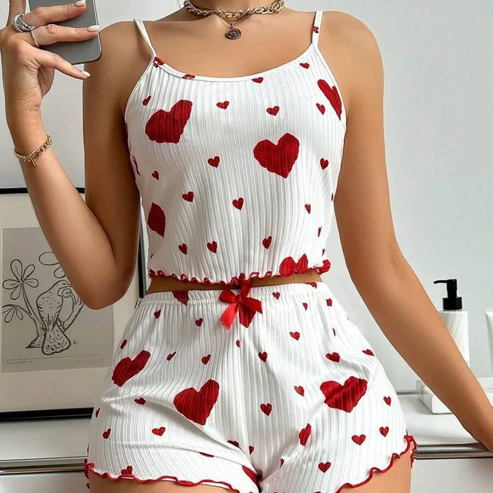 Conjunto de pijamas femininos, roupa de dormir, 2 peças, regata curta e shorts, SML, branco, ventilado, macio, casual, estampa de amor