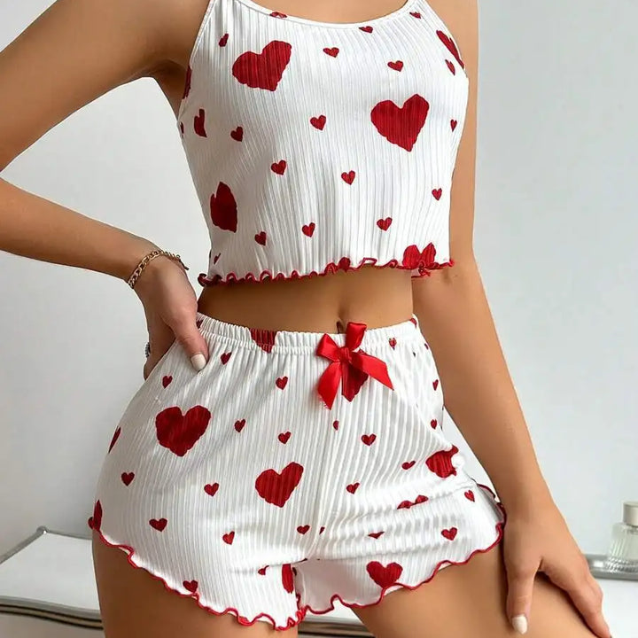 Conjunto de pijamas femininos, roupa de dormir, 2 peças, regata curta e shorts, SML, branco, ventilado, macio, casual, estampa de amor