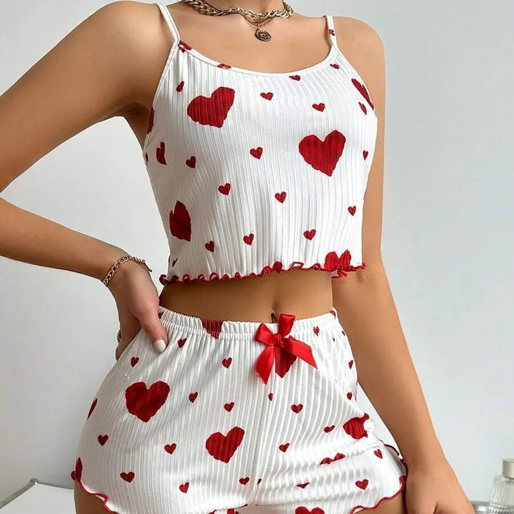 Conjunto de pijamas femininos, roupa de dormir, 2 peças, regata curta e shorts, SML, branco, ventilado, macio, casual, estampa de amor