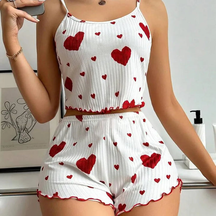 Conjunto de pijamas femininos, roupa de dormir, 2 peças, regata curta e shorts, SML, branco, ventilado, macio, casual, estampa de amor