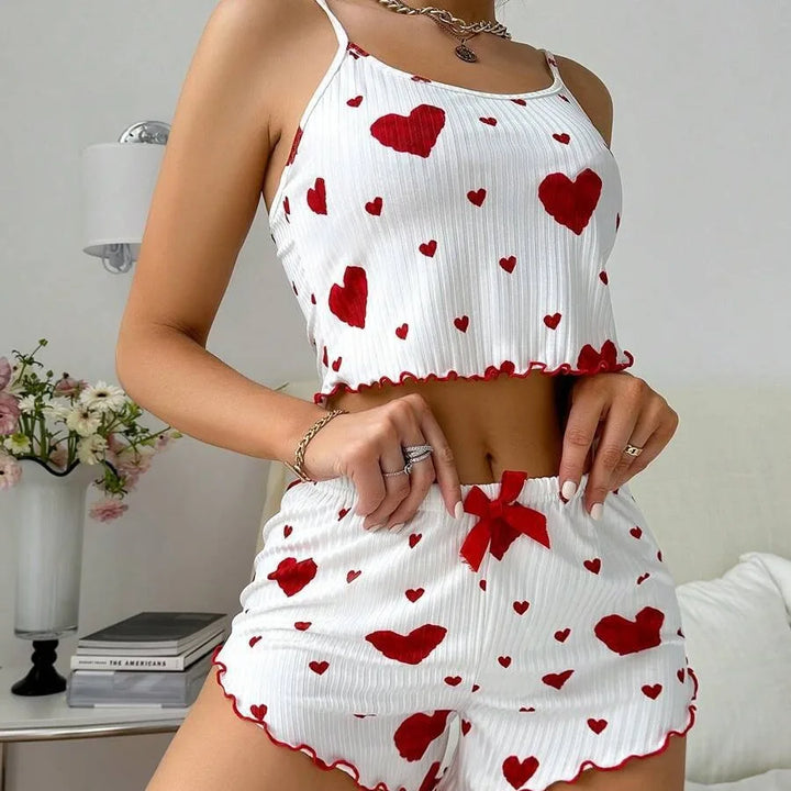 Conjunto de pijamas femininos, roupa de dormir, 2 peças, regata curta e shorts, SML, branco, ventilado, macio, casual, estampa de amor