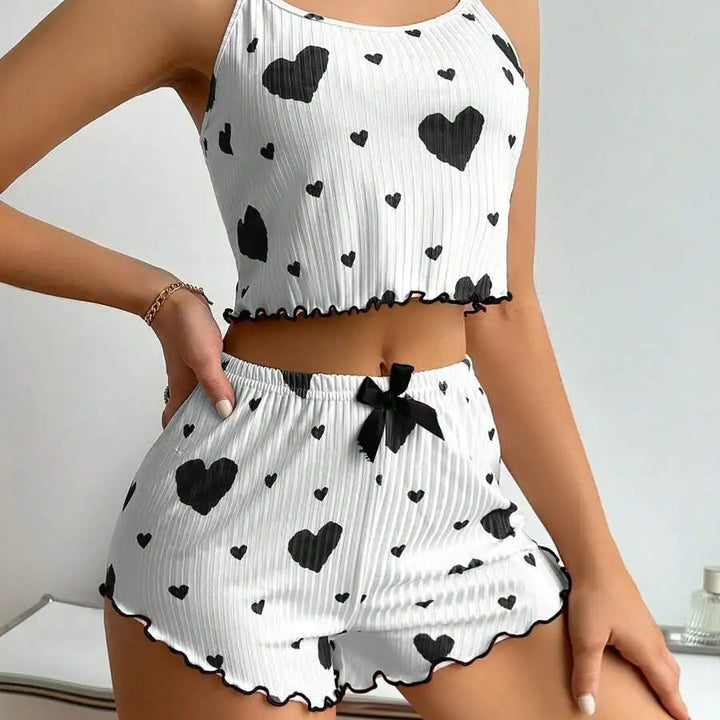 Conjunto de pijamas femininos, roupa de dormir, 2 peças, regata curta e shorts, SML, branco, ventilado, macio, casual, estampa de amor