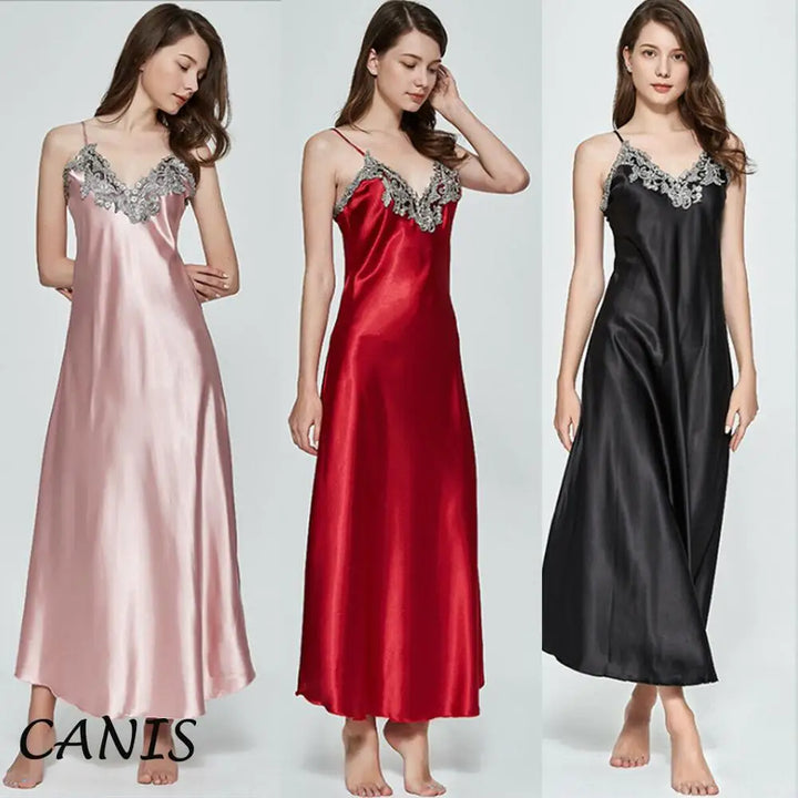 Mulheres Oversize Cetim V-Neck Camisola Longa Renda De Seda Lingerie Sexy Camisola Pijamas Robe Vestido Babydoll Roupa Interior