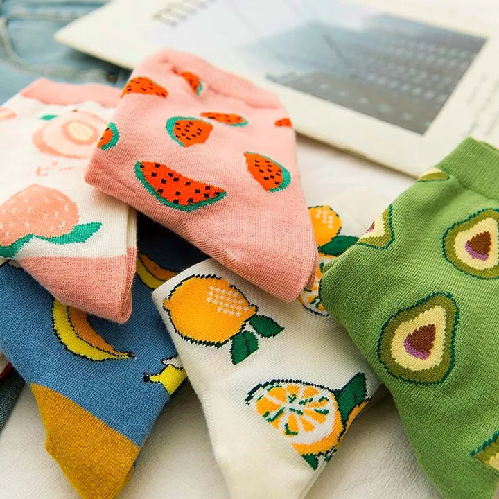 Meias femininas engraçadas primavera outono meias de desenho animado abacate limão melancia pêssego morango banana algodão harajuku meias casuais