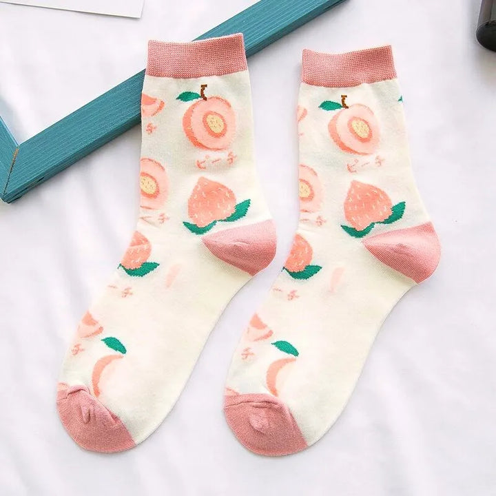 Meias femininas engraçadas primavera outono meias de desenho animado abacate limão melancia pêssego morango banana algodão harajuku meias casuais