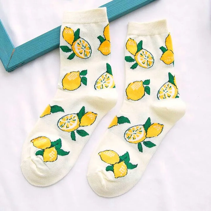 Meias femininas engraçadas primavera outono meias de desenho animado abacate limão melancia pêssego morango banana algodão harajuku meias casuais