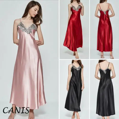 Mulheres Oversize Cetim V-Neck Camisola Longa Renda De Seda Lingerie Sexy Camisola Pijamas Robe Vestido Babydoll Roupa Interior