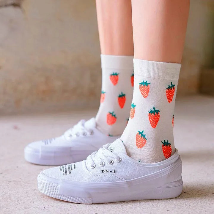 Meias femininas engraçadas primavera outono meias de desenho animado abacate limão melancia pêssego morango banana algodão harajuku meias casuais
