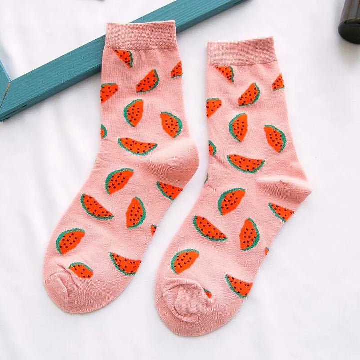 Meias femininas engraçadas primavera outono meias de desenho animado abacate limão melancia pêssego morango banana algodão harajuku meias casuais