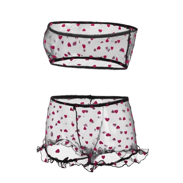 Mulheres Sexy Lingerie Sutiã Tanga Padrão Amor Renda Pijamas Limpe Peito Um Ombro Conjunto de Roupa Interior Shorts Conjunto de Roupa Interior Mulheres
