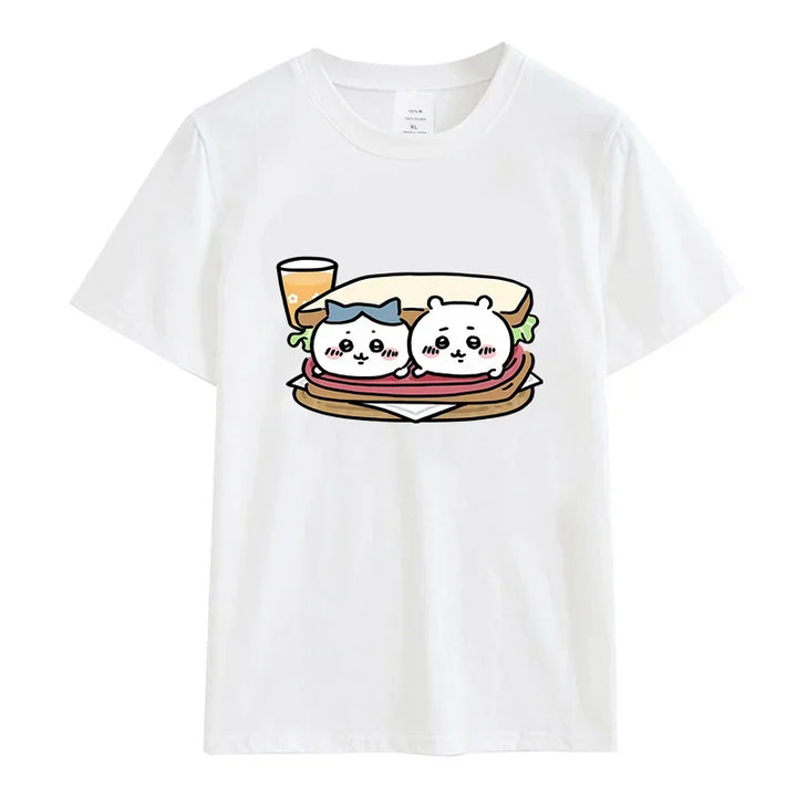Roupas femininas Chiikawa Desenho animado Verão Impressão Roupas Mulheres Branco Gráfico Moda Feminina Streetwear Casual Tops Tee