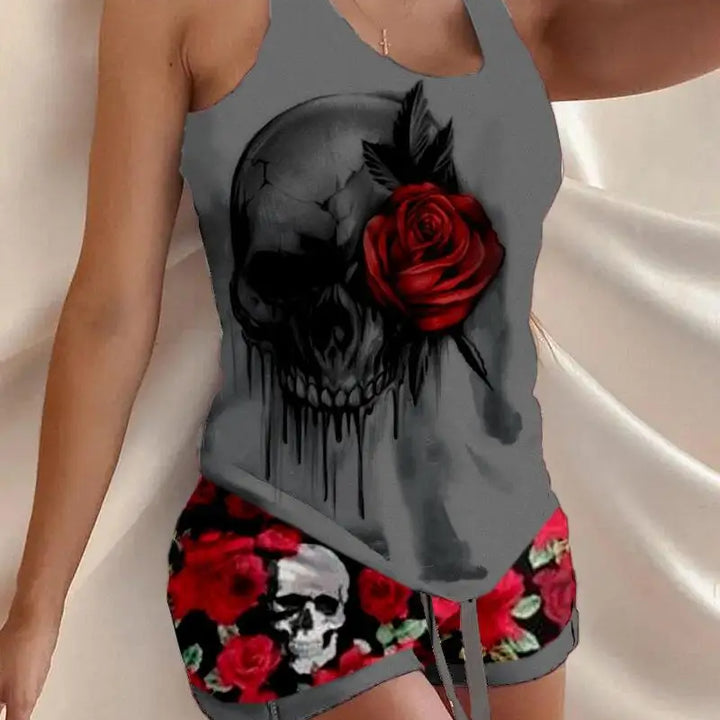 Pijama feminino 2 peças Halloween caveira mãos estampa casual decote em U sem mangas top e cordão acima do joelho pijamas conjunto 2022 verão