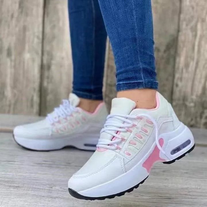 Sapatos femininos primavera e outono novos sapatos casuais respiráveis ​​de malha ao ar livre leves antiderrapantes salto cunha tênis de sola grossa