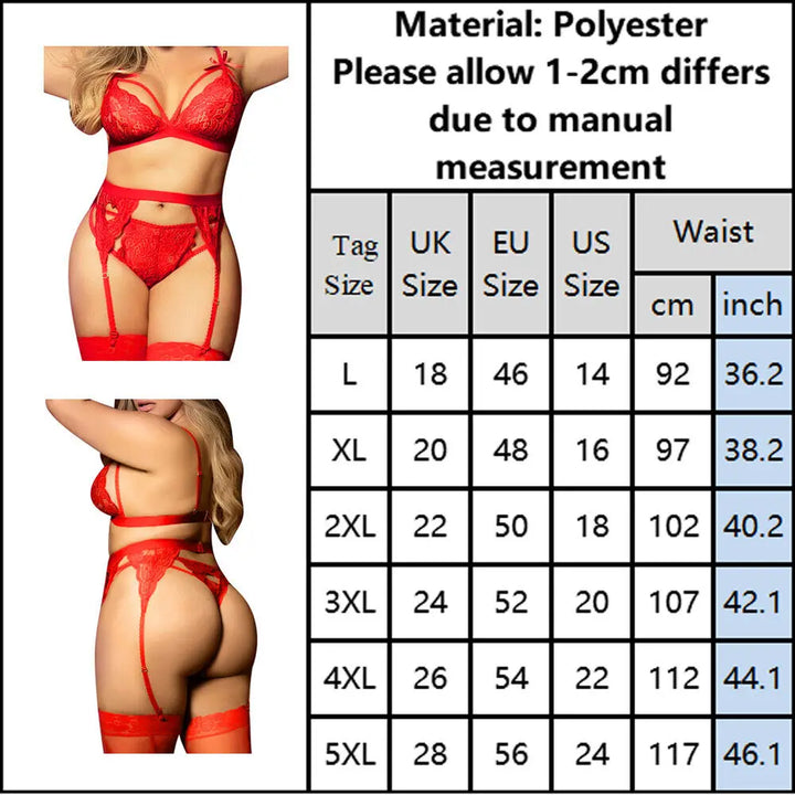 Lingerie sexy feminina sutiã de renda fio dental cinta-liga conjunto tanga roupa íntima roupas plus size 2023
