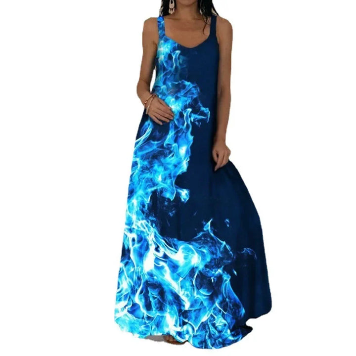 Vestido feminino elegante com estampa de chamas sem mangas, vestido longo casual de verão com estampa