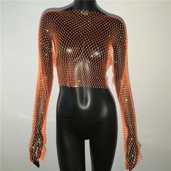 Camiseta feminina sexy de malha transparente com strass brilhante, arrastão, top curto com manga comprida, saída de praia, regata para festa e clube