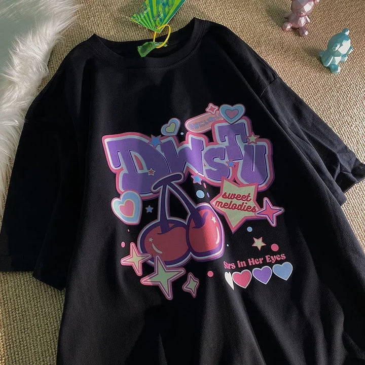 Camiseta feminina estampa de frutas Harajuku camiseta solta manga curta fofa kawaii camiseta grande roupas Y2k top anime camiseta gráfica