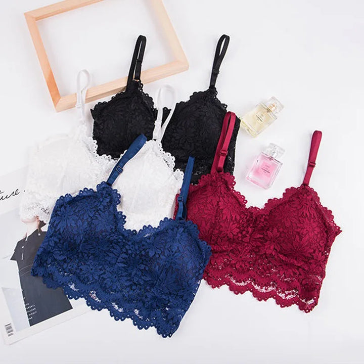 Sutiãs de renda com flores femininos, top confortável, bralette, cor sólida, roupa íntima sexy, colete, feminino, vazado, lingerie sem fio, sutiã sem costura