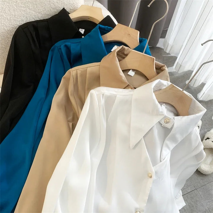 Camisa de primavera 2023 Elegante OL Chic Gola virada para baixo Manga comprida Tops Blusa feminina Camisas e blusas femininas Roupas femininas
