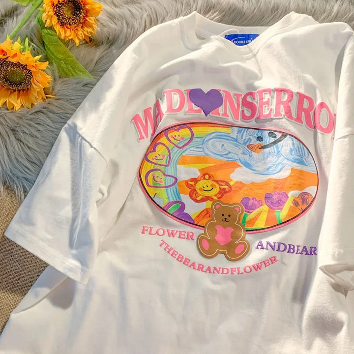 Camiseta feminina estampa de frutas Harajuku camiseta solta manga curta fofa kawaii camiseta grande roupas Y2k top anime camiseta gráfica
