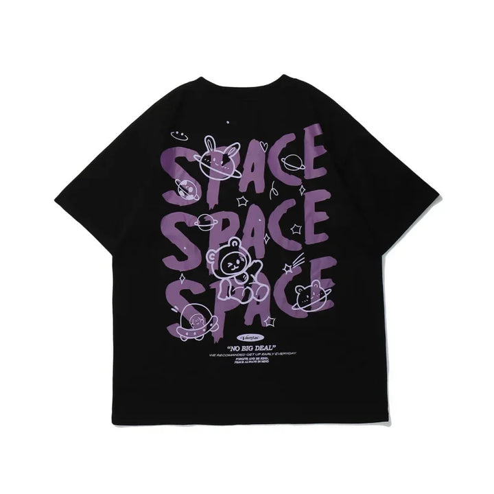 Camiseta feminina estampa urso grafite manga curta espaço grande camiseta solta estilo retrô harajuku casal camisa tops y2k