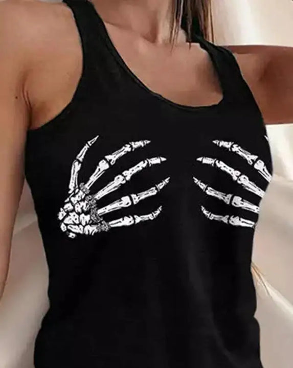 Pijama feminino 2 peças Halloween caveira mãos estampa casual decote em U sem mangas top e cordão acima do joelho pijamas conjunto 2022 verão