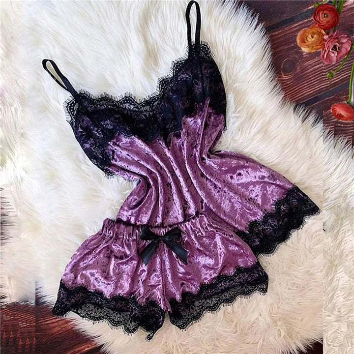 Pijama feminino, moda, decote em V, cetim elástico, babydoll, renda, lingerie sexy, laço, pijama, shorts, conjunto de 2 peças, roupa de dormir