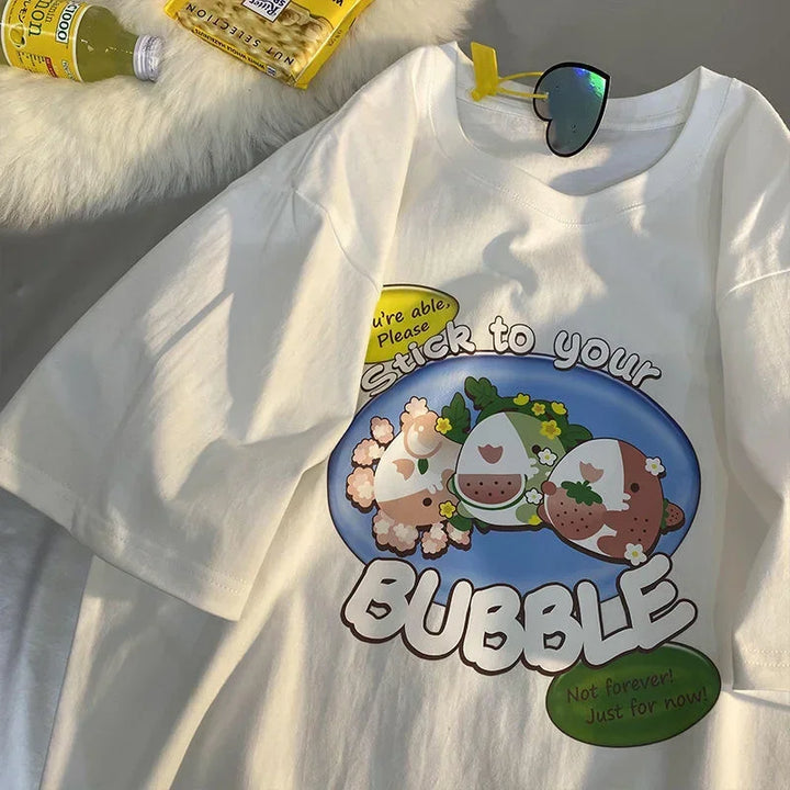 Camiseta feminina estampa de frutas Harajuku camiseta solta manga curta fofa kawaii camiseta grande roupas Y2k top anime camiseta gráfica