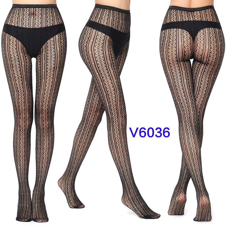 Meias-calças femininas sexy arrastão, trama jacquard, sem costura, fios, ligas, malha de peixe, meias pretas, aranha, renda gótica