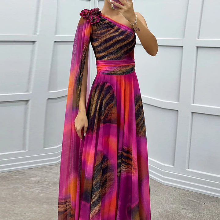 Vestido longo estampado feminino primavera, elegante, flor, ombro inclinado, vazado, vestido de noite, outono, cintura alta, chiffon, vestido longo