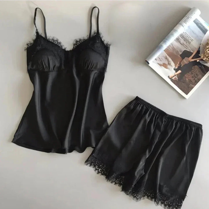 Pijama feminino sexy de seda gelada, conjunto de pijamas com decote em V e renda de cetim elástico, lingerie de seda, conjunto de shorts para dormir sem enchimento