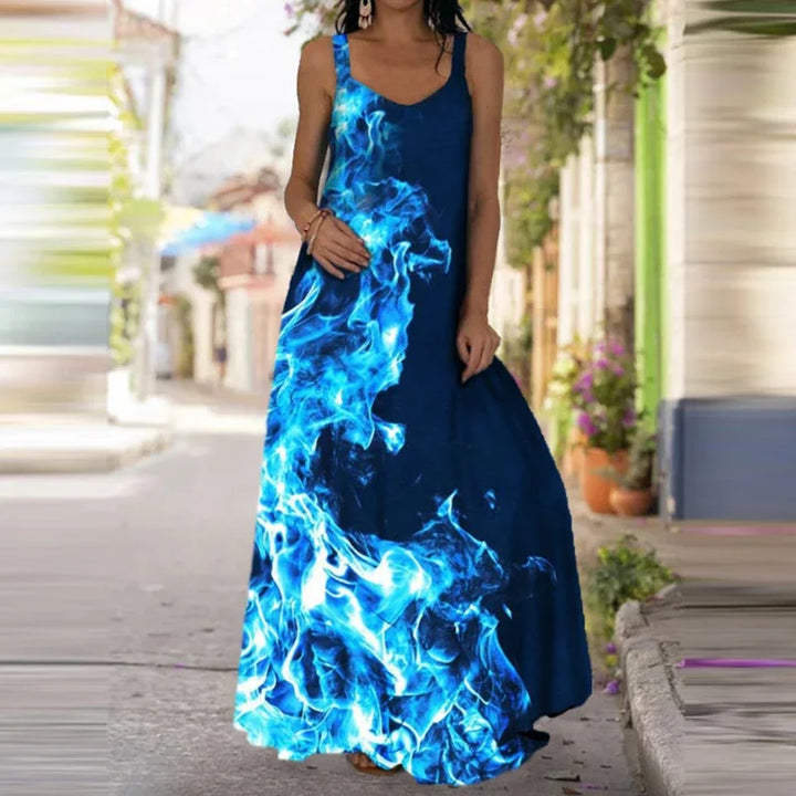 Vestido feminino elegante com estampa de chamas sem mangas, vestido longo casual de verão com estampa