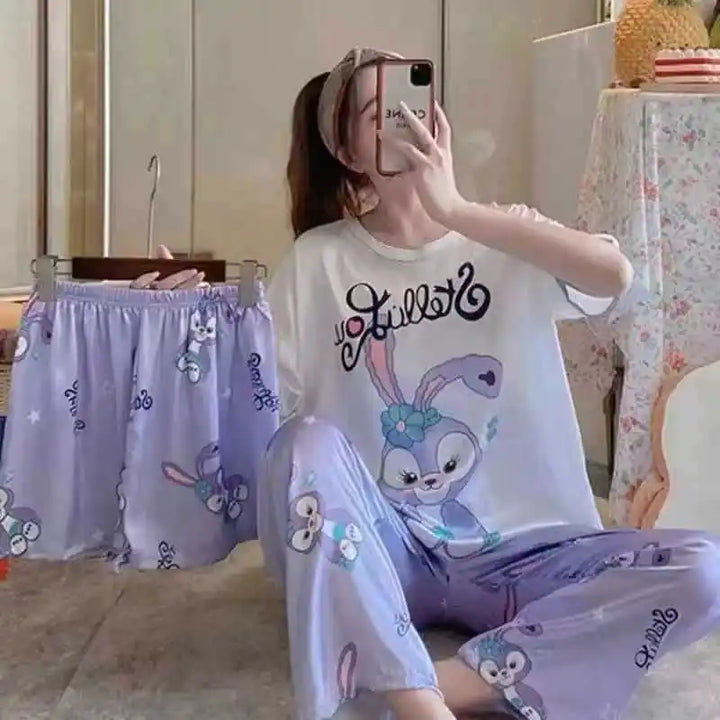Conjunto de pijamas femininos novos de três peças para casa, pijamas fofos, desenho animado, lazer, conjunto de pijamas femininos para casa