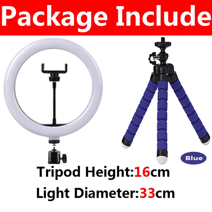 Anel de luz LED de 12 polegadas para fotografia, iluminação para celular, com tripé, lâmpada de preenchimento redonda USB para Youtube, TikTok, vídeo ao vivo