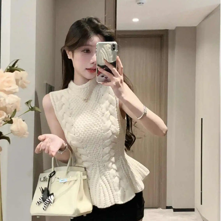 Colete feminino de malha sem mangas, cintura cingida, mini saia, design, primavera, outono, casual, solto, cor sólida, top