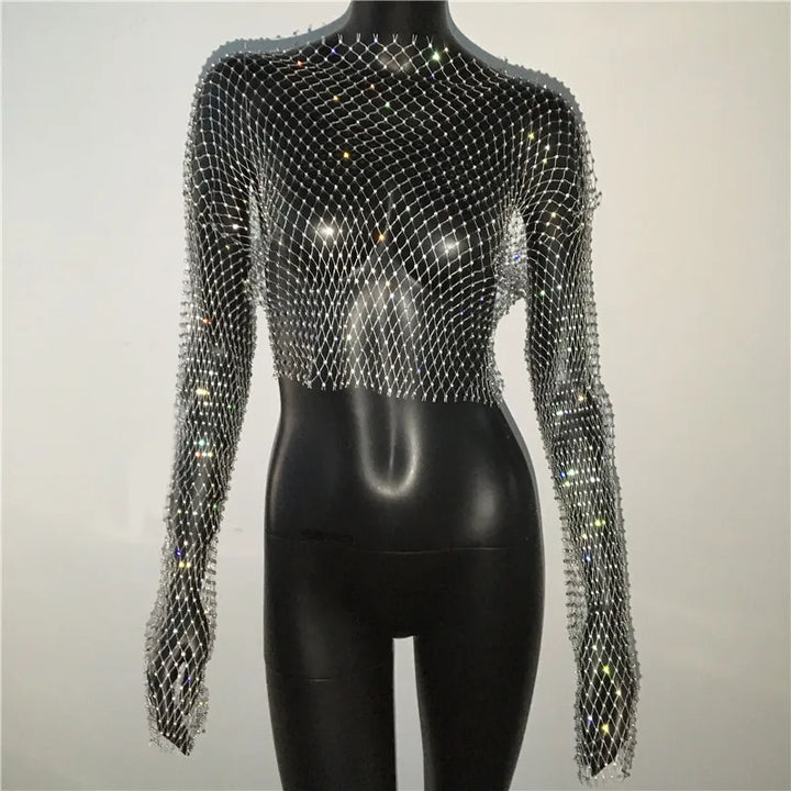 Camiseta feminina sexy de malha transparente com strass brilhante, arrastão, top curto com manga comprida, saída de praia, regata para festa e clube