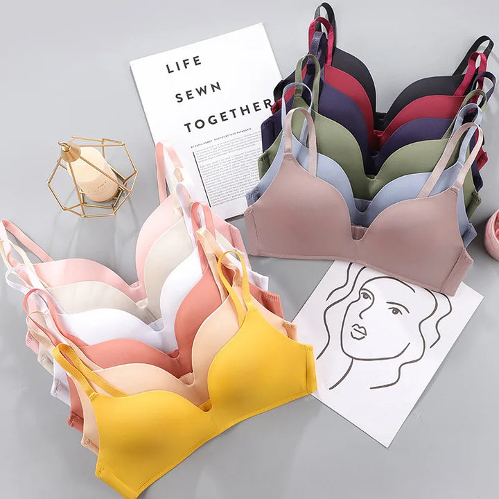 Sutiã sem costura feminino sexy sem aro push up roupa íntima meninas estudantes respirável fino 10 cores sutiãs sutiã feminino respirável franzido