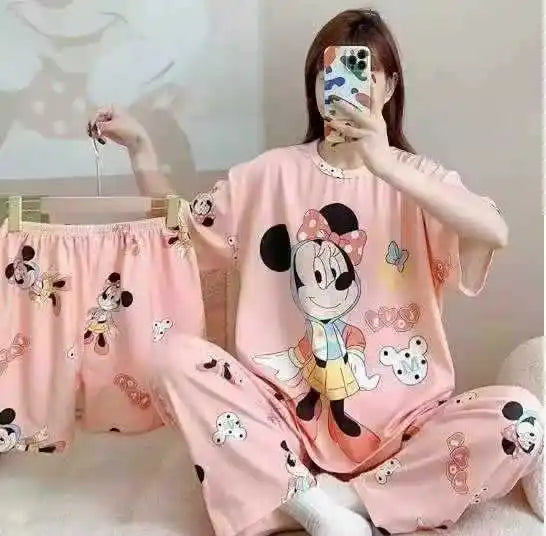 Conjunto de pijamas femininos novos de três peças para casa, pijamas fofos, desenho animado, lazer, conjunto de pijamas femininos para casa