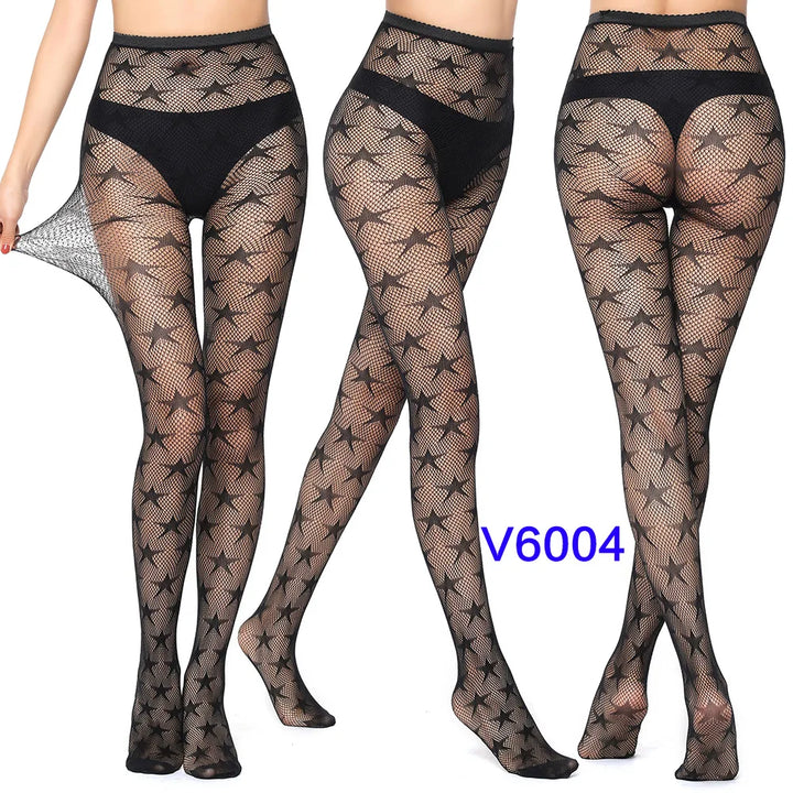 Meias-calças femininas sexy arrastão, trama jacquard, sem costura, fios, ligas, malha de peixe, meias pretas, aranha, renda gótica