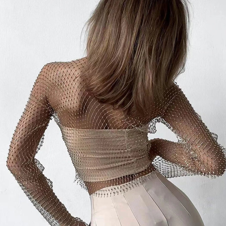 Camiseta feminina sexy de malha transparente com strass brilhante, arrastão, top curto com manga comprida, saída de praia, regata para festa e clube