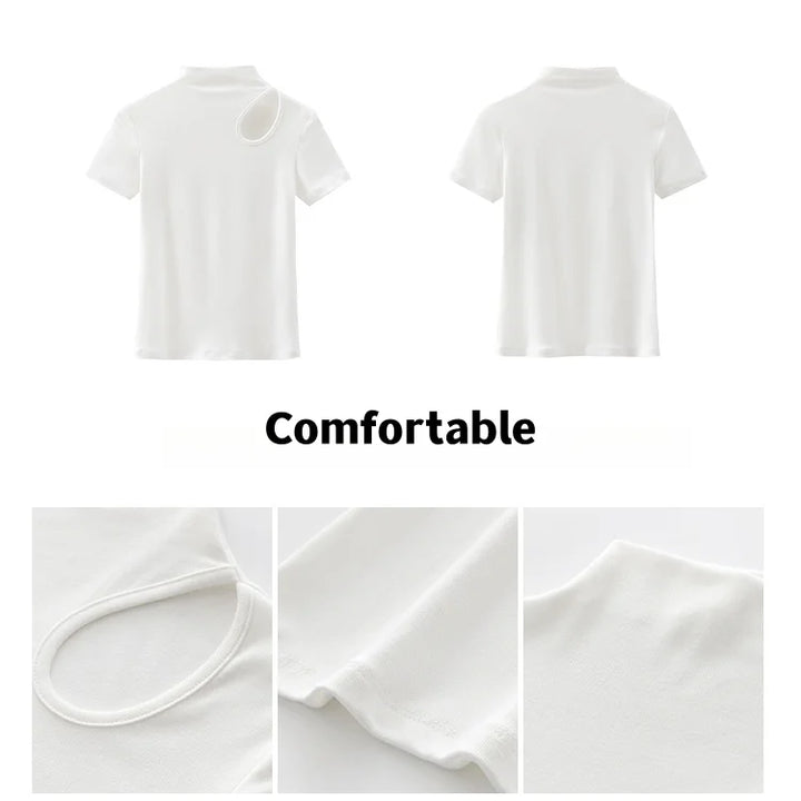 Camiseta de gola alta branca de manga curta feminina verão esqueleto malha tops femininos com fios elásticos respiráveis