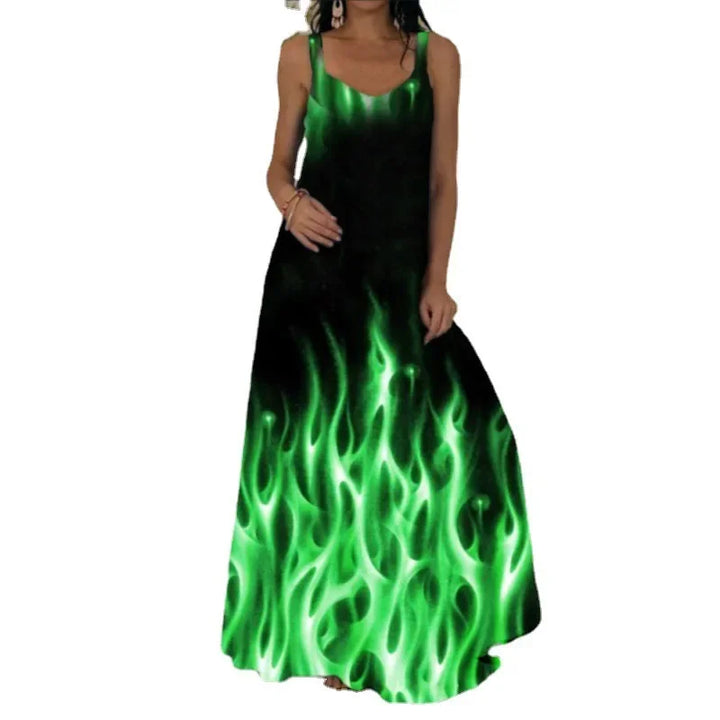 Vestido feminino elegante com estampa de chamas sem mangas, vestido longo casual de verão com estampa