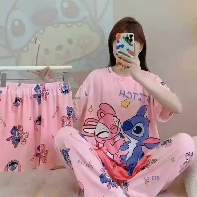 Conjunto de pijamas femininos novos de três peças para casa, pijamas fofos, desenho animado, lazer, conjunto de pijamas femininos para casa