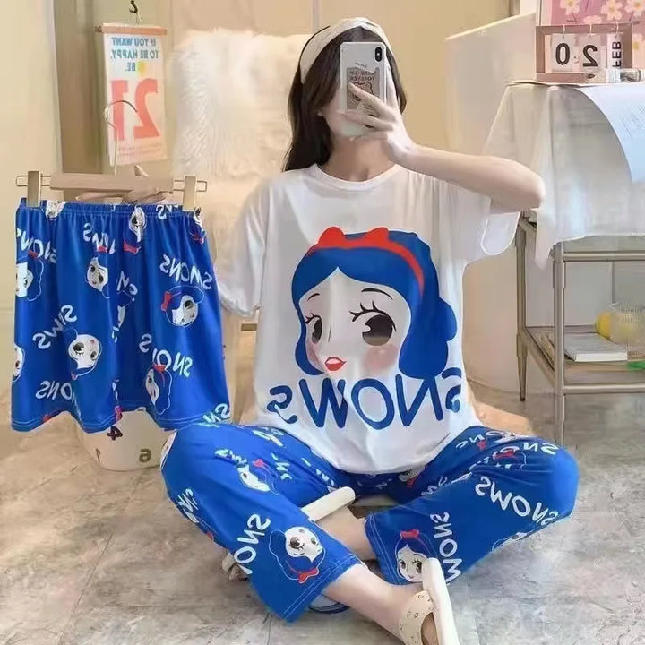 Conjunto de pijamas femininos novos de três peças para casa, pijamas fofos, desenho animado, lazer, conjunto de pijamas femininos para casa