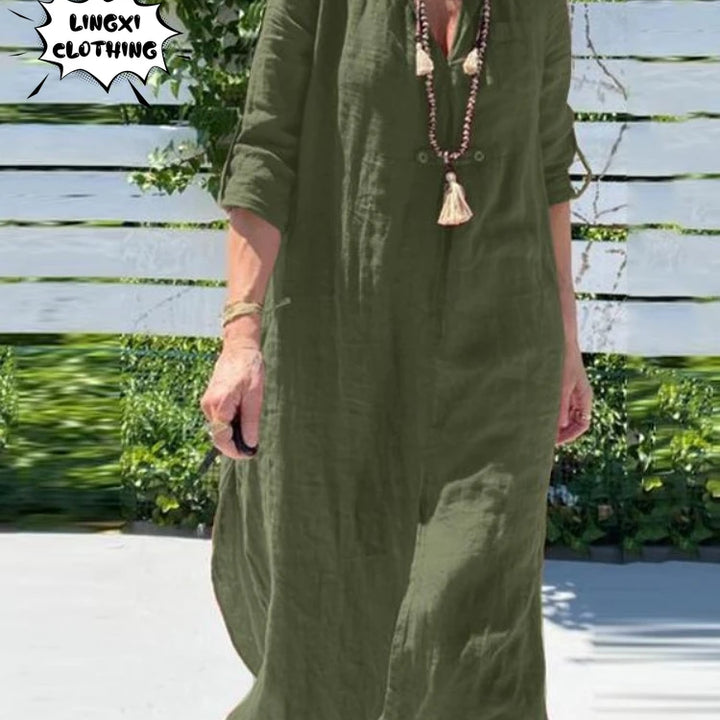 2024 Moda Novas Mulheres Algodão Cânhamo Vestido Longo Tamanho Grande Solto Elegante Lapela Meio Aberto Decote Em V Temperamento Vestido Casual Feminino