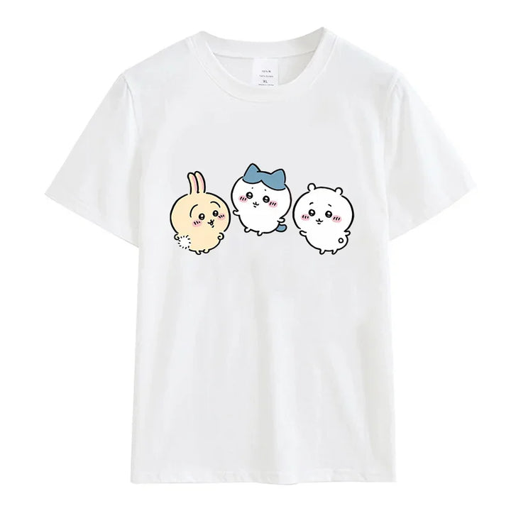Roupas femininas Chiikawa Desenho animado Verão Impressão Roupas Mulheres Branco Gráfico Moda Feminina Streetwear Casual Tops Tee