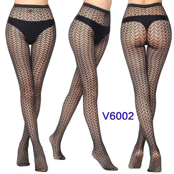 Meias-calças femininas sexy arrastão, trama jacquard, sem costura, fios, ligas, malha de peixe, meias pretas, aranha, renda gótica