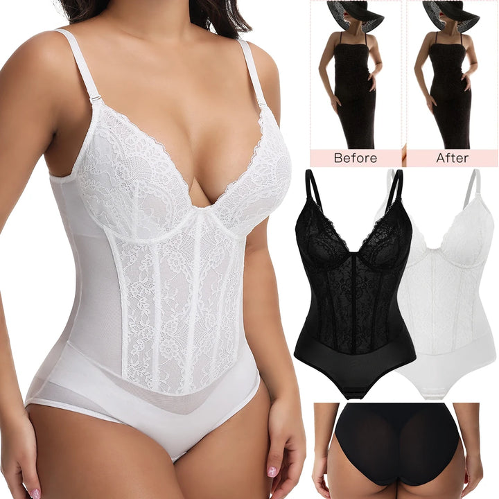Mulheres Renda Shapewear Bodysuit Underwire Tummy Control Corporal Completo Shaperwear V-Neck Corset Top Macacão Briefer Lingerie Sexy Wear
