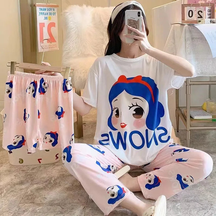 Conjunto de pijamas femininos novos de três peças para casa, pijamas fofos, desenho animado, lazer, conjunto de pijamas femininos para casa
