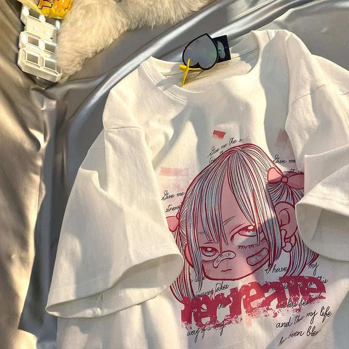 Camiseta feminina estampa de frutas Harajuku camiseta solta manga curta fofa kawaii camiseta grande roupas Y2k top anime camiseta gráfica